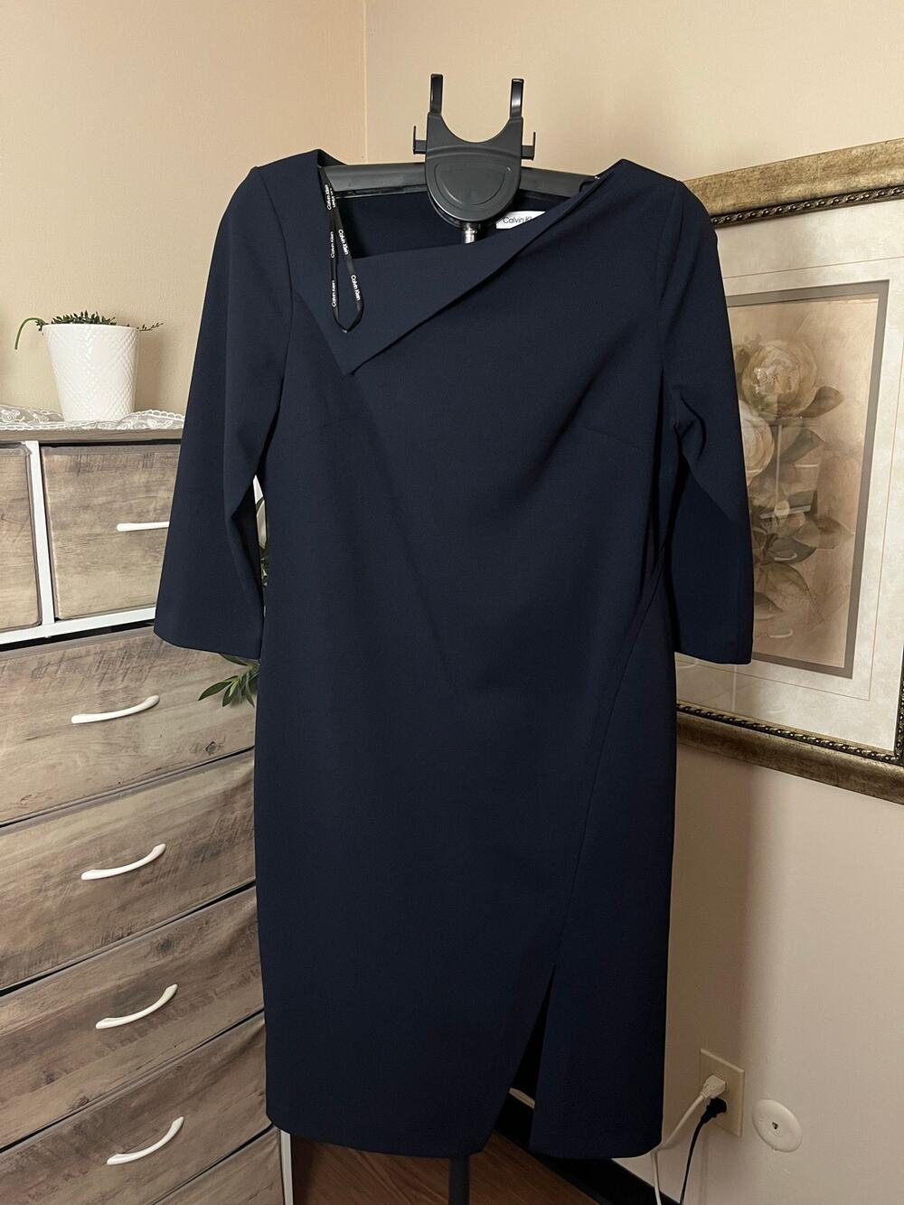 Calvin Klein Women’s Size 14 Navy Asymmetrical Neckline Sheath Dress